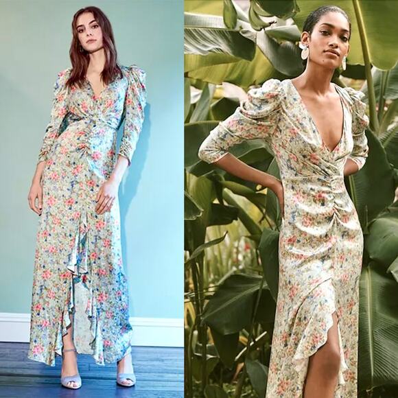 NOTES DU NORD Designer Pink Blue & Green Ruffle Floral Maxi Silk Dress – US 6/8 - Picture 16 of 16